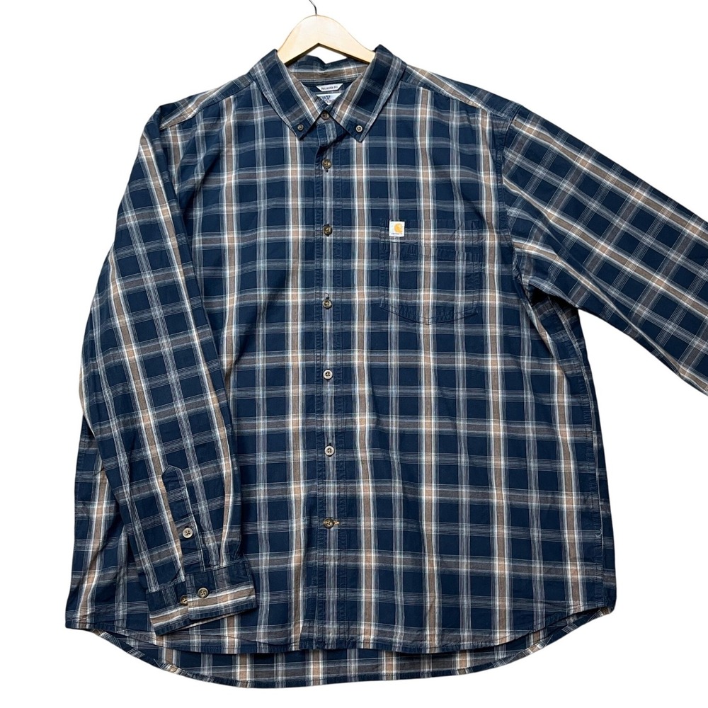 Carhartt Button Down Shirt Men 2XL Navy Blue Brown Plaid Long Sleeve Relaxed Fit
